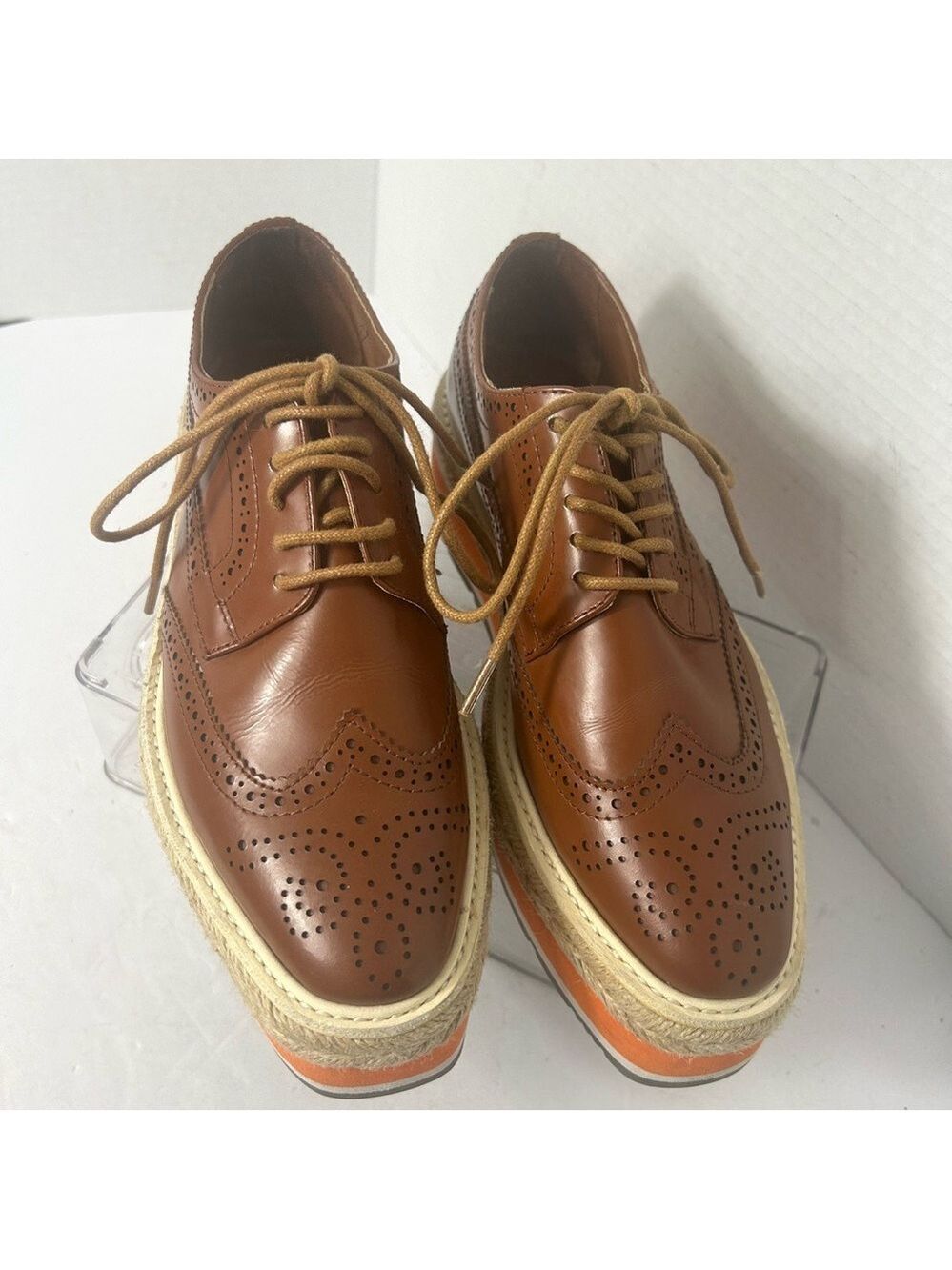 NEW PRADA Brogue Leather Creeper Espadrille Derby Oxford Platform Shoes 6.5 US - Picture 2 of 9